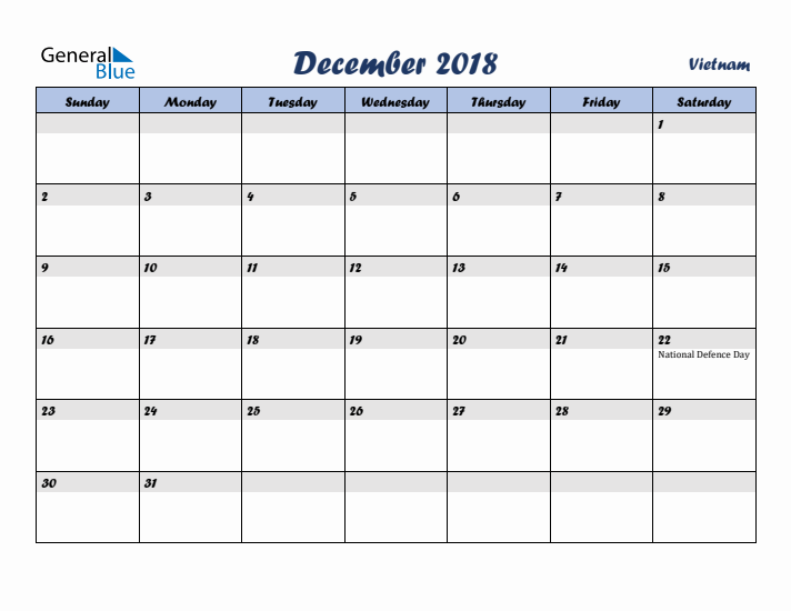 December 2018 Calendar with Holidays in Vietnam