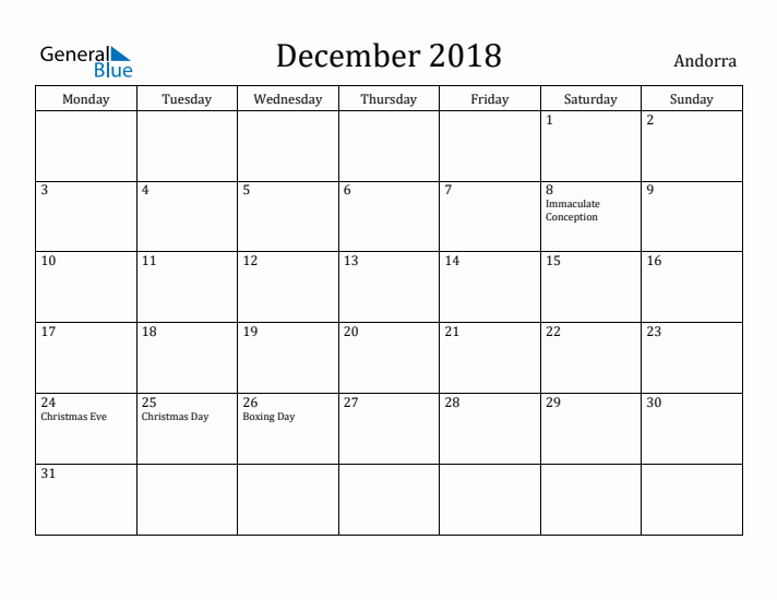 December 2018 Calendar Andorra