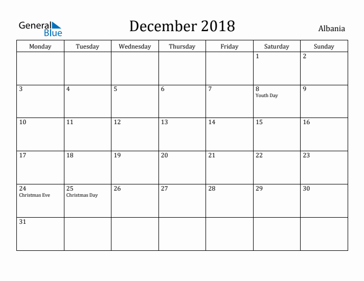 December 2018 Calendar Albania