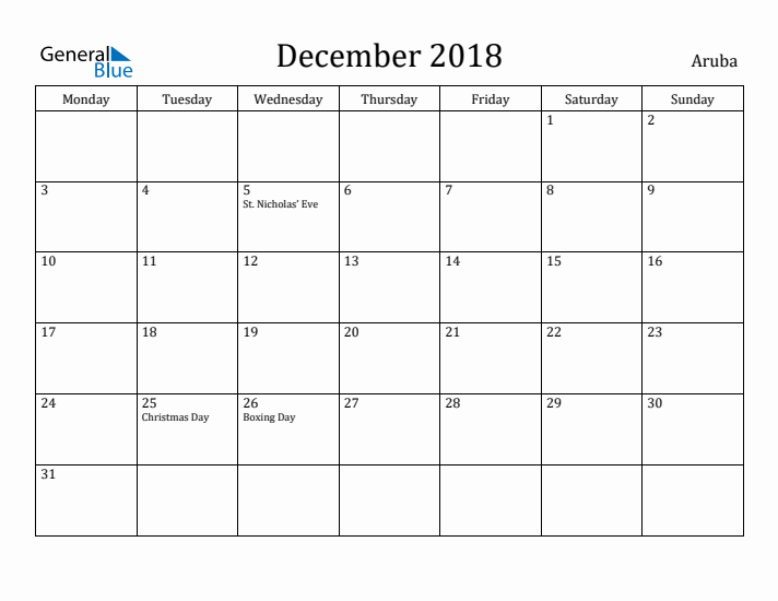 December 2018 Calendar Aruba