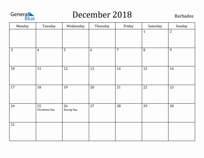 December 2018 Calendar Barbados