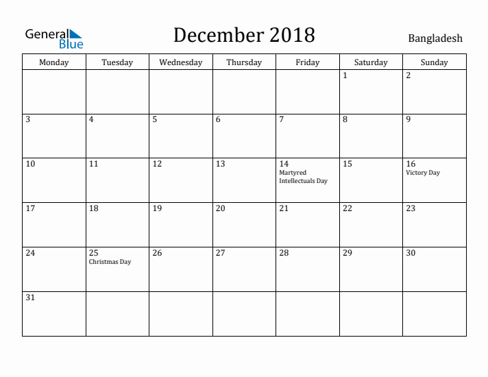 December 2018 Calendar Bangladesh