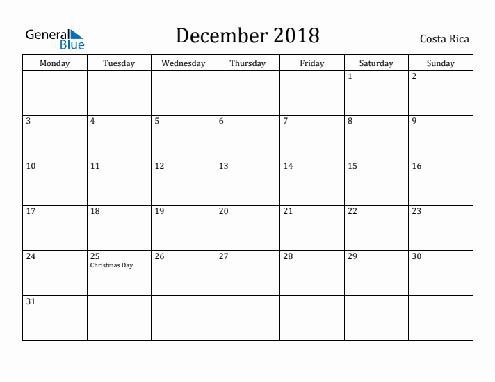 December 2018 Calendar Costa Rica