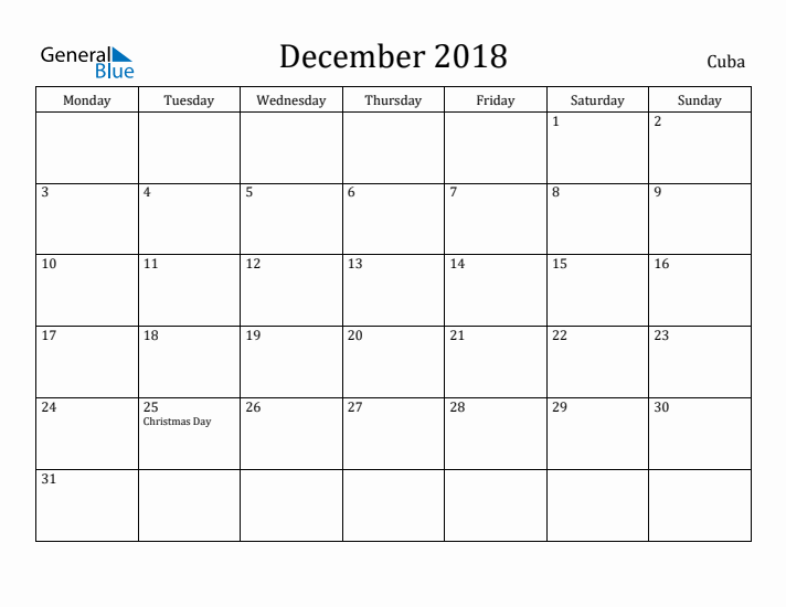 December 2018 Calendar Cuba