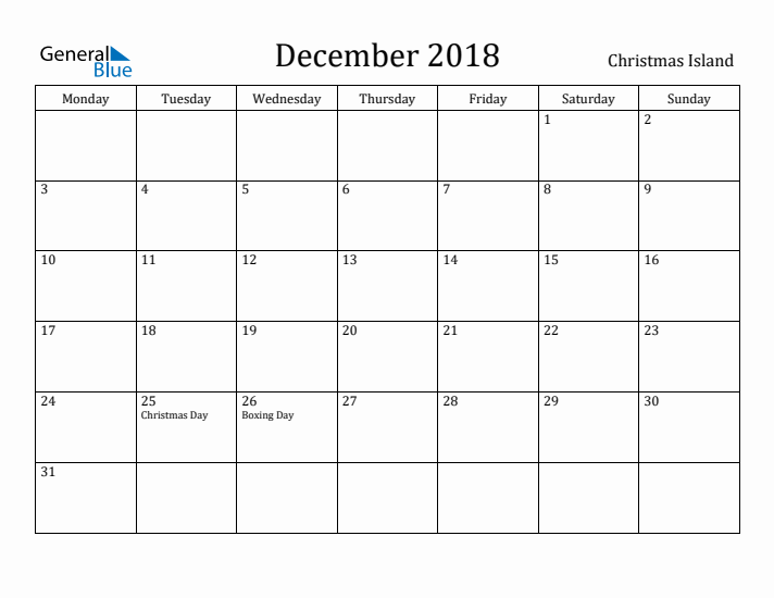 December 2018 Calendar Christmas Island