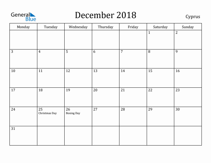 December 2018 Calendar Cyprus