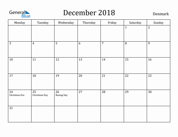 December 2018 Calendar Denmark