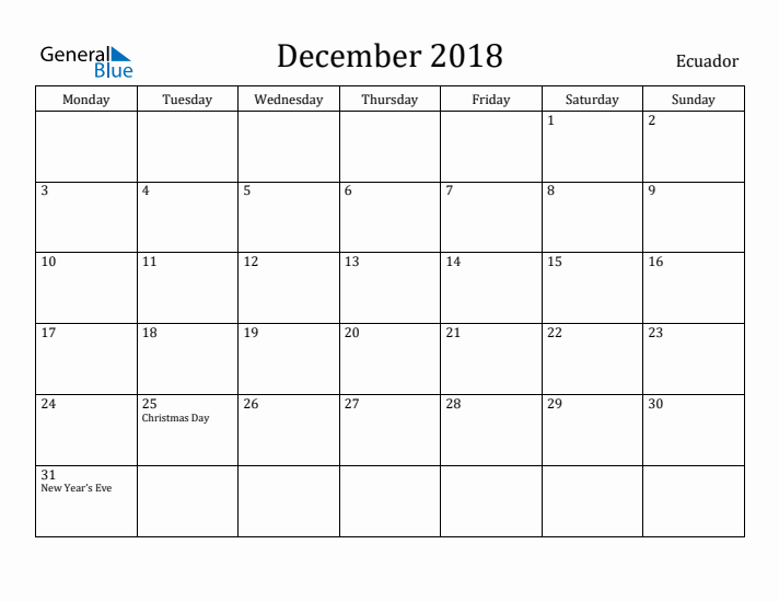 December 2018 Calendar Ecuador