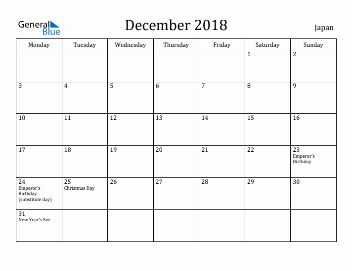 December 2018 Calendar Japan