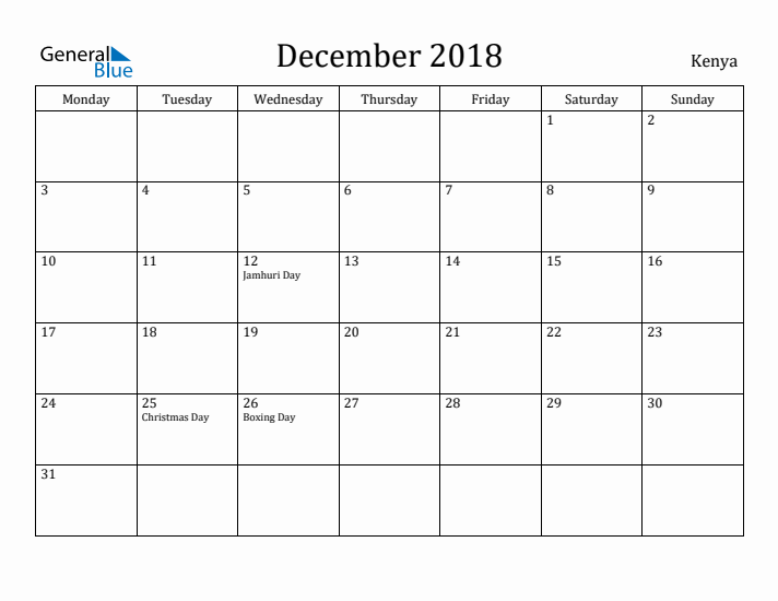 December 2018 Calendar Kenya