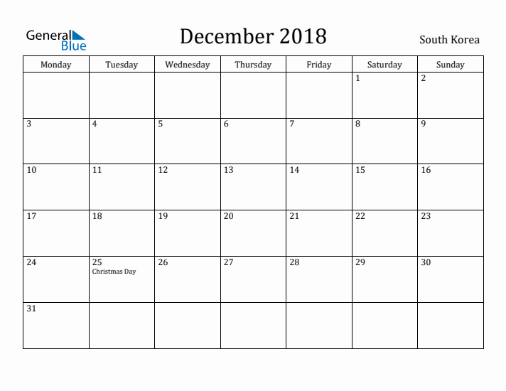 December 2018 Calendar South Korea