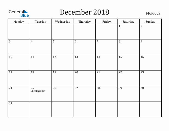 December 2018 Calendar Moldova