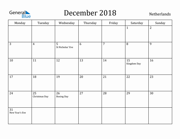 December 2018 Calendar The Netherlands