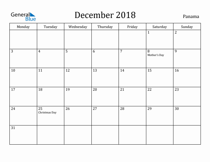 December 2018 Calendar Panama