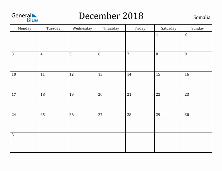 December 2018 Calendar Somalia