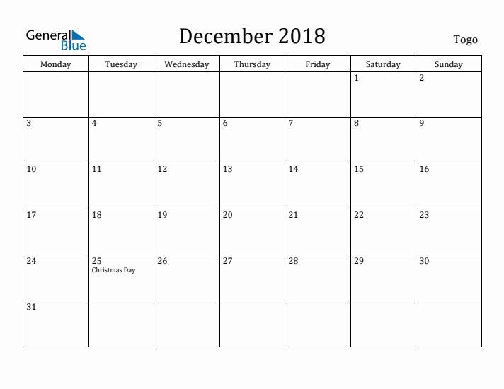 December 2018 Calendar Togo