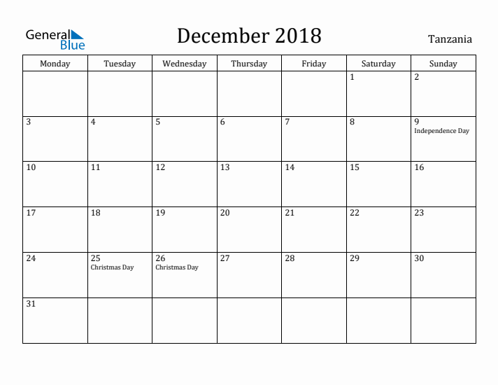 December 2018 Calendar Tanzania