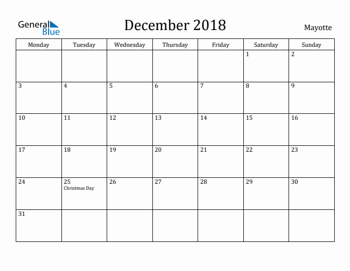 December 2018 Calendar Mayotte