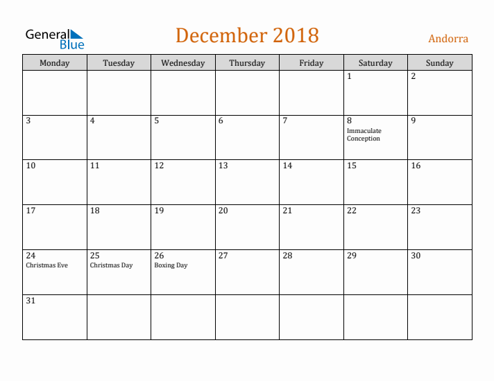 December 2018 Holiday Calendar with Monday Start