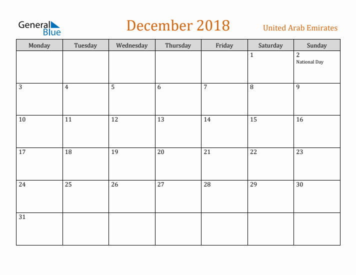 December 2018 Holiday Calendar with Monday Start