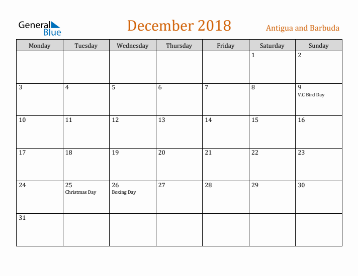 December 2018 Holiday Calendar with Monday Start