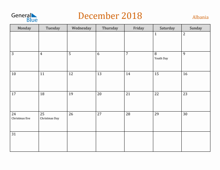 December 2018 Holiday Calendar with Monday Start