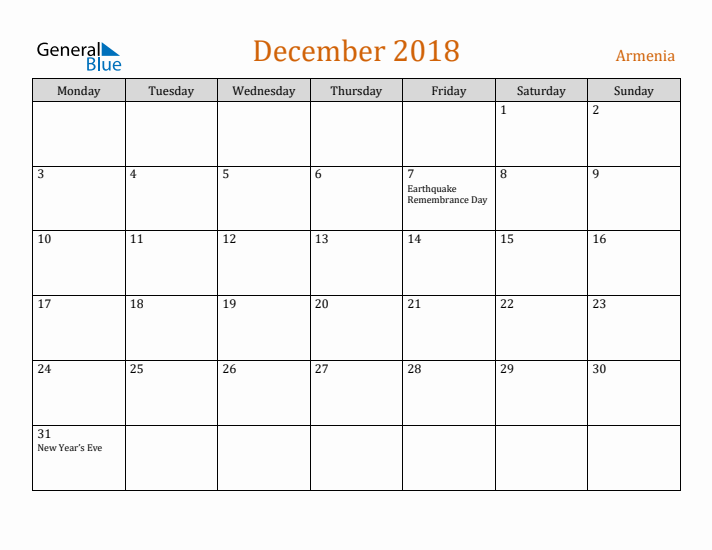 December 2018 Holiday Calendar with Monday Start