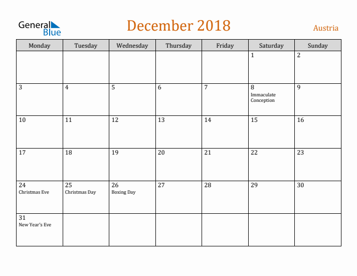 December 2018 Holiday Calendar with Monday Start