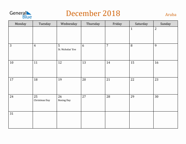 December 2018 Holiday Calendar with Monday Start