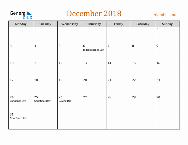 December 2018 Holiday Calendar with Monday Start