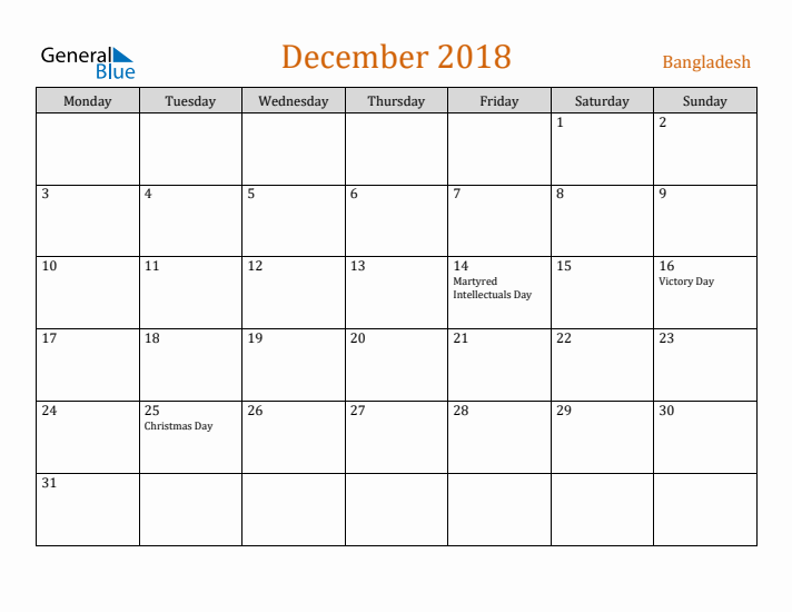 December 2018 Holiday Calendar with Monday Start