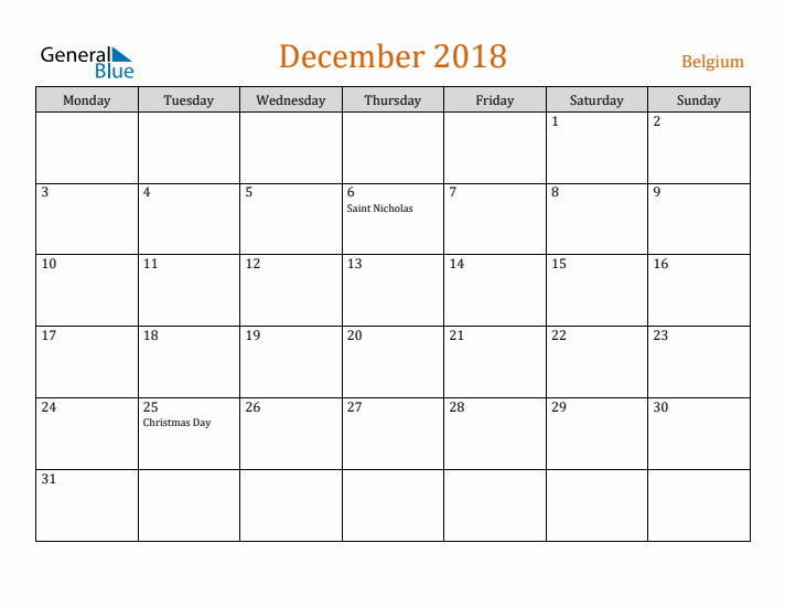 December 2018 Holiday Calendar with Monday Start