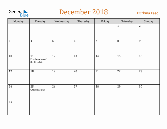 December 2018 Holiday Calendar with Monday Start