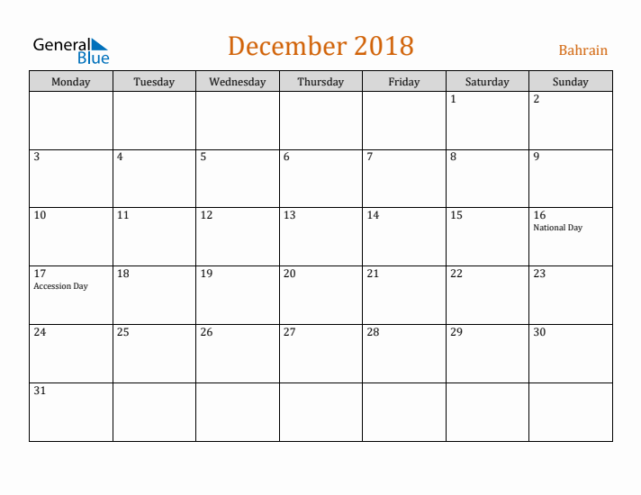 December 2018 Holiday Calendar with Monday Start