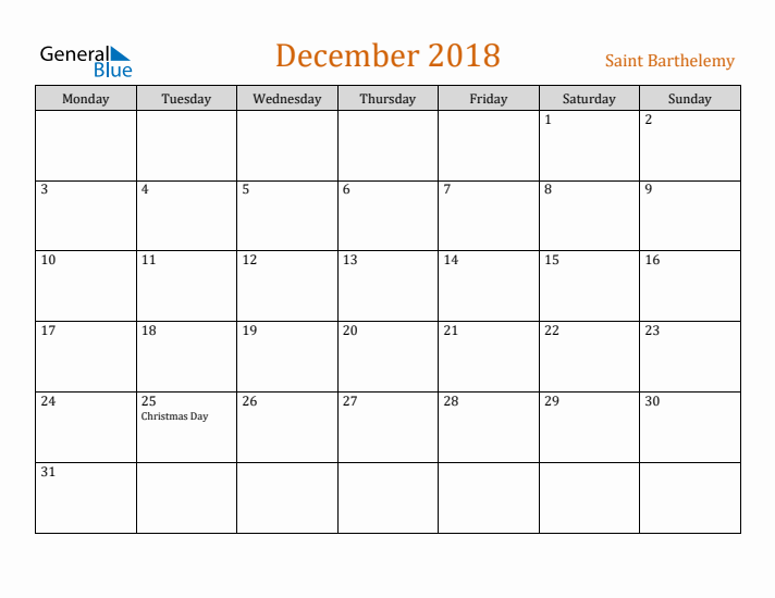 December 2018 Holiday Calendar with Monday Start