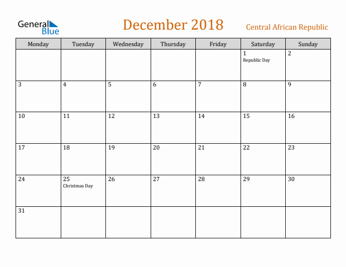 December 2018 Holiday Calendar with Monday Start