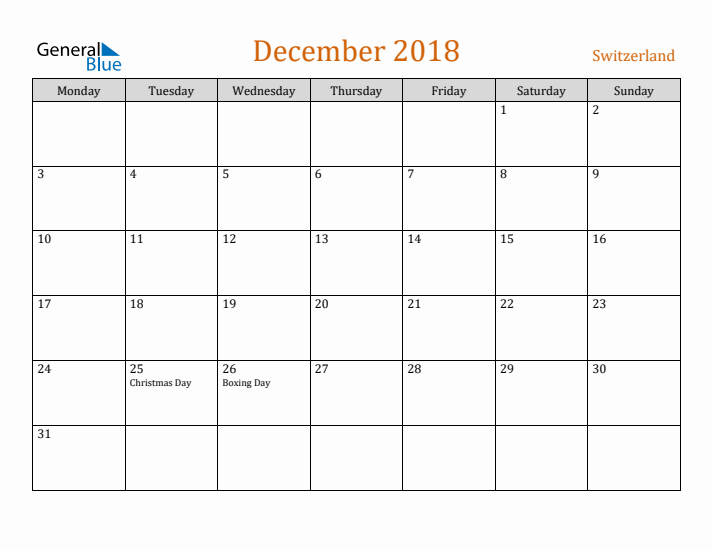 December 2018 Holiday Calendar with Monday Start