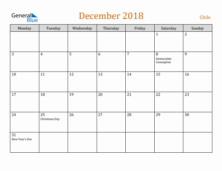 December 2018 Holiday Calendar with Monday Start