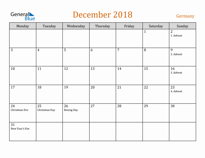 December 2018 Holiday Calendar with Monday Start