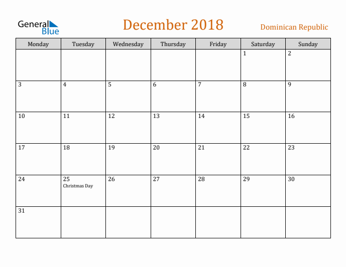 December 2018 Holiday Calendar with Monday Start