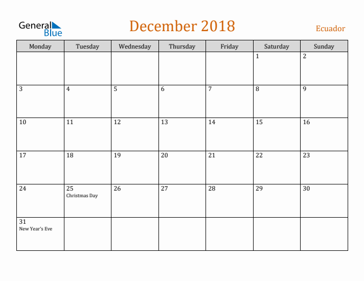 December 2018 Holiday Calendar with Monday Start