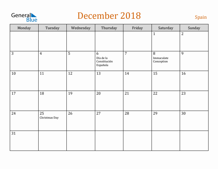 December 2018 Holiday Calendar with Monday Start