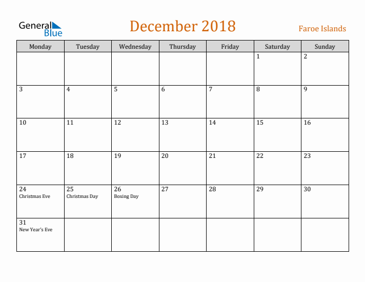 December 2018 Holiday Calendar with Monday Start