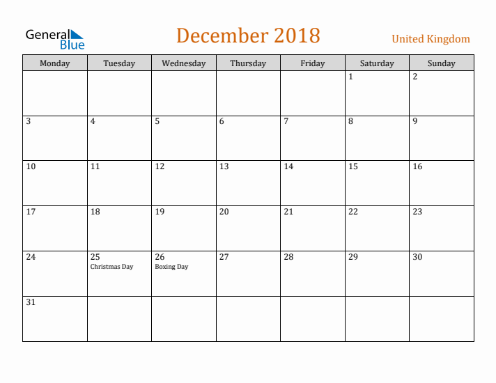 December 2018 Holiday Calendar with Monday Start