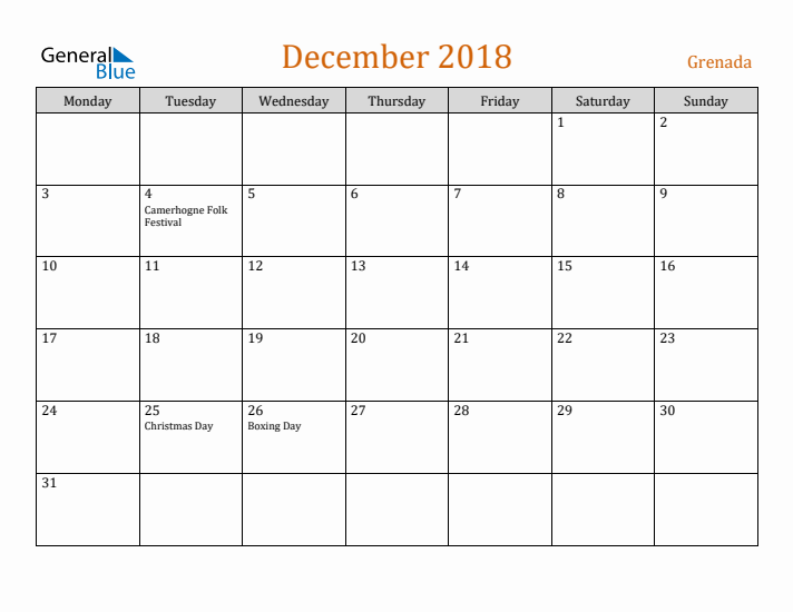 December 2018 Holiday Calendar with Monday Start