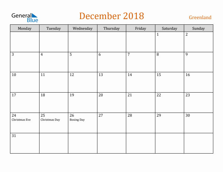 December 2018 Holiday Calendar with Monday Start