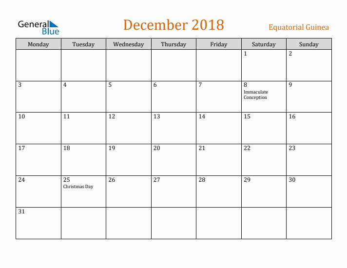 December 2018 Holiday Calendar with Monday Start