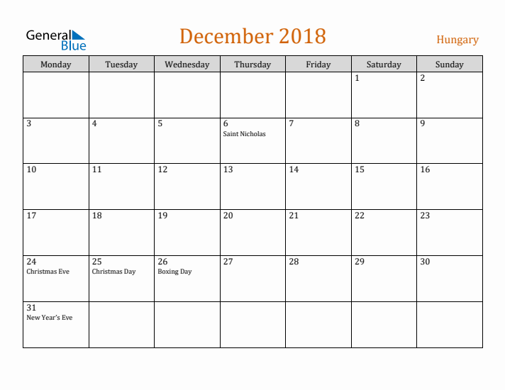 December 2018 Holiday Calendar with Monday Start