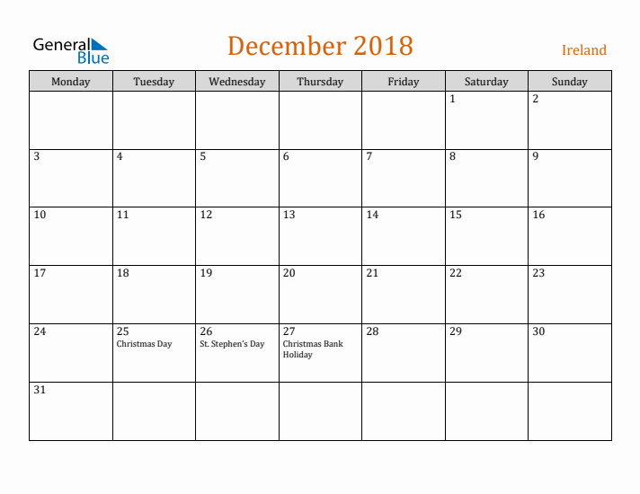 December 2018 Holiday Calendar with Monday Start