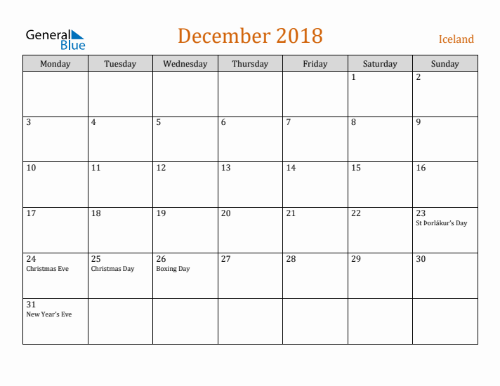 December 2018 Holiday Calendar with Monday Start